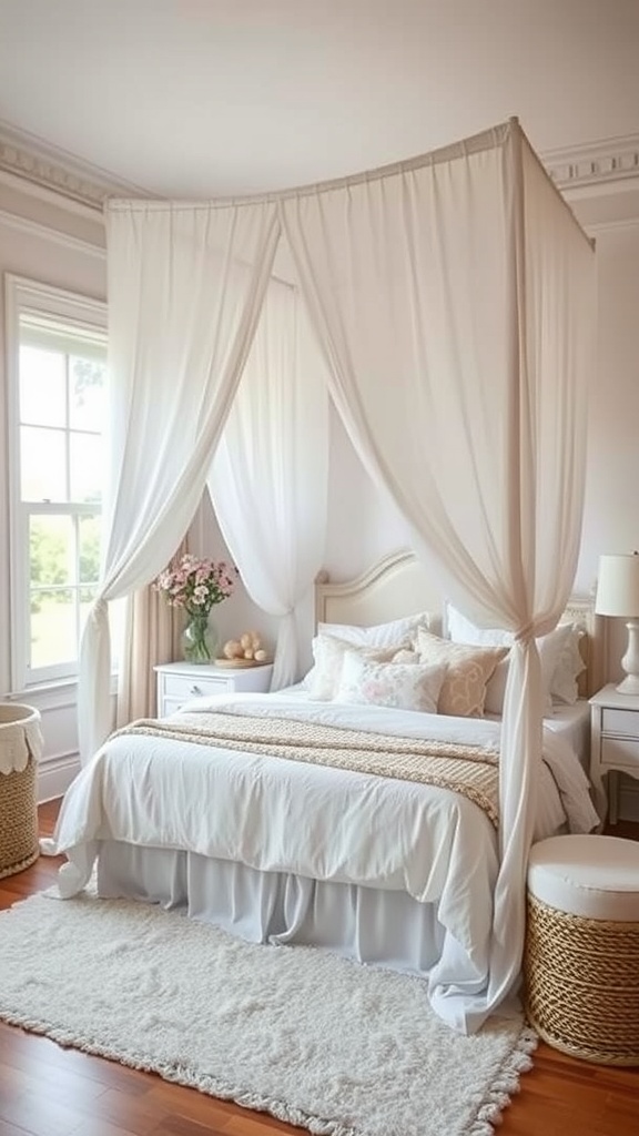 A cozy canopy bed with white drapes, soft bedding, and a warm rug in a bright room.