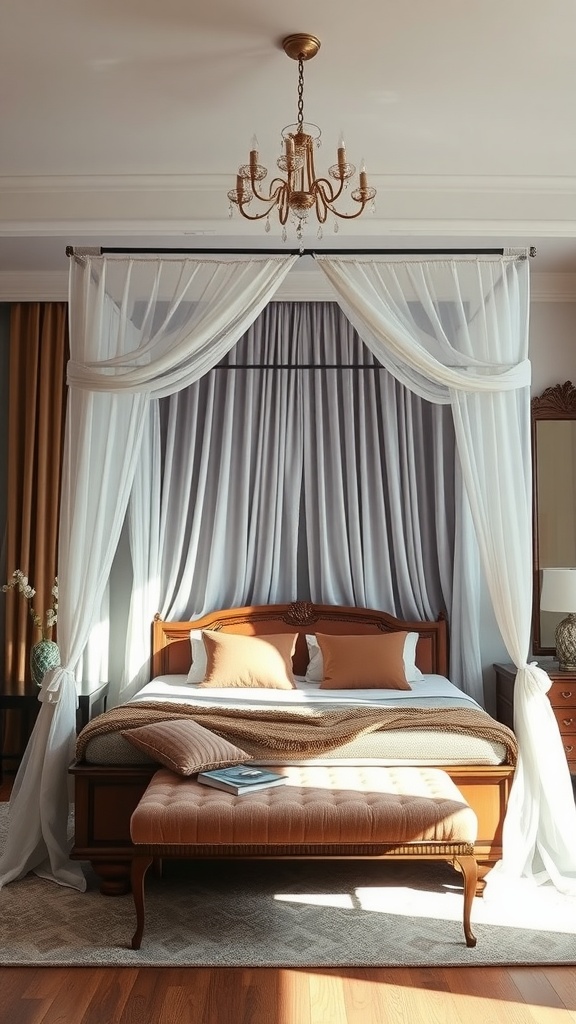A beautifully arranged canopy bed with soft, flowing drapes and warm-toned bedding.