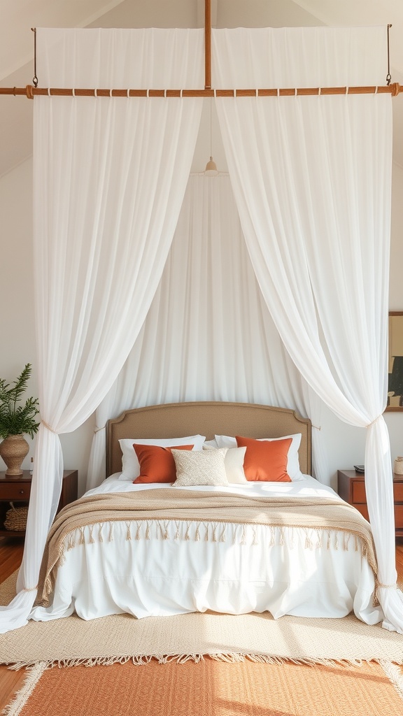 A cozy bohemian bedroom featuring a canopy bed with white curtains and warm-toned bedding.