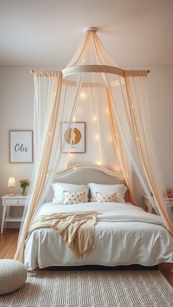 A cozy bedroom featuring a canopy bed with soft fabric and twinkling lights, creating a magical atmosphere.