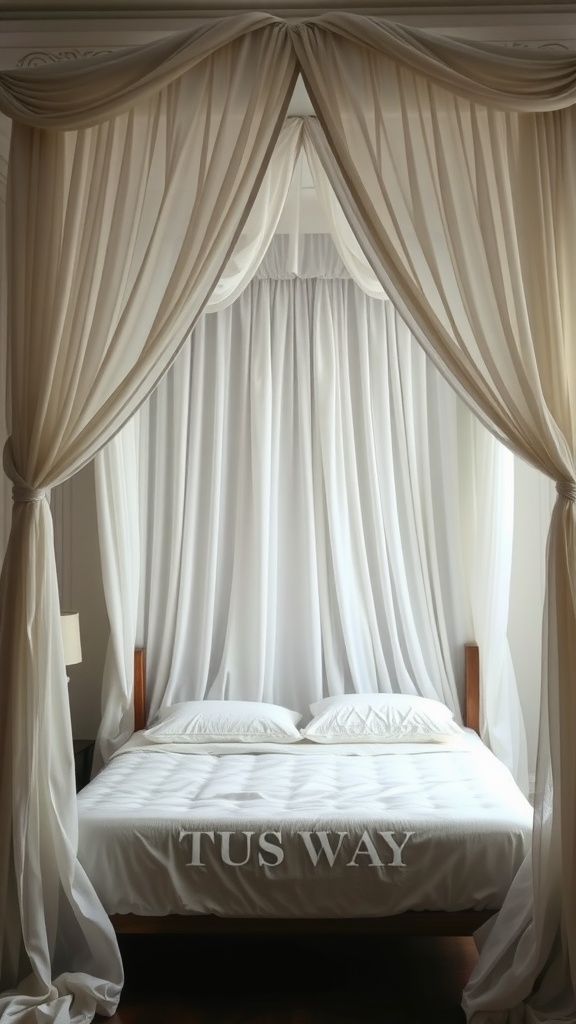 A beautifully draped bed with sheer curtains creating a cozy and elegant atmosphere