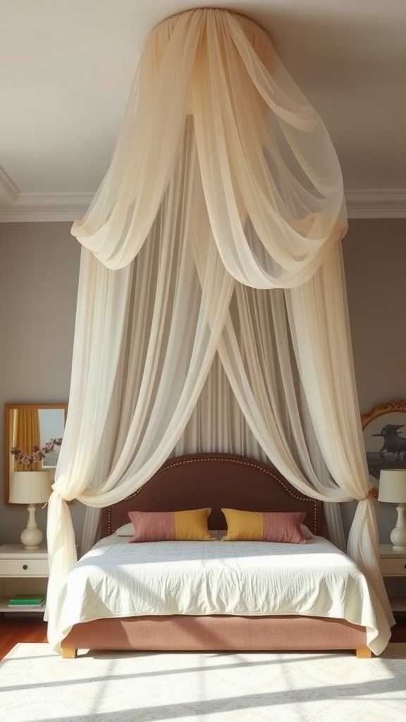 A cozy bedroom with dreamy canopy drapes hanging from the ceiling over a bed.