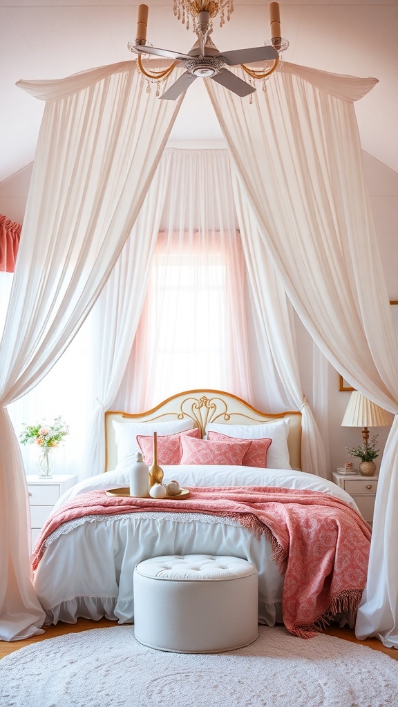 A cozy bedroom with white canopy drapes, a beautifully made bed with pink accents, and a round ottoman.