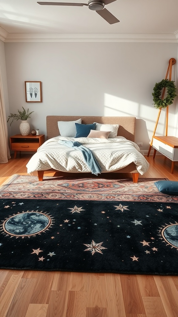 A cozy bedroom featuring a celestial-themed rug with stars and moons, a bed with soft bedding, and light wooden flooring.