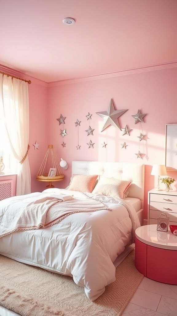 A pink bedroom featuring white bedding, star decorations, and a cozy atmosphere.