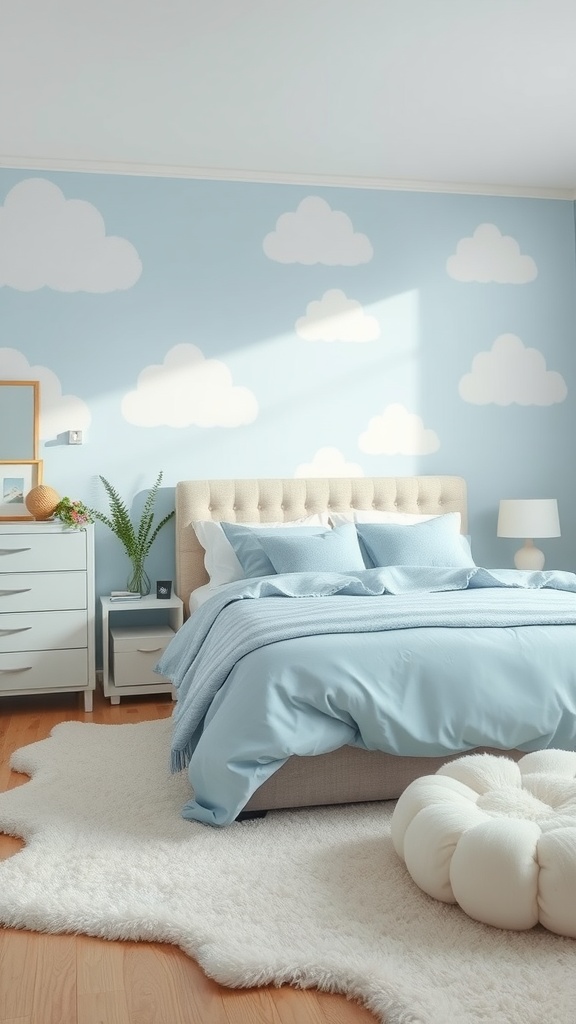 A cozy teen bedroom with a blue wall featuring white clouds, a neatly made bed with light blue bedding, and a soft rug on wooden flooring.