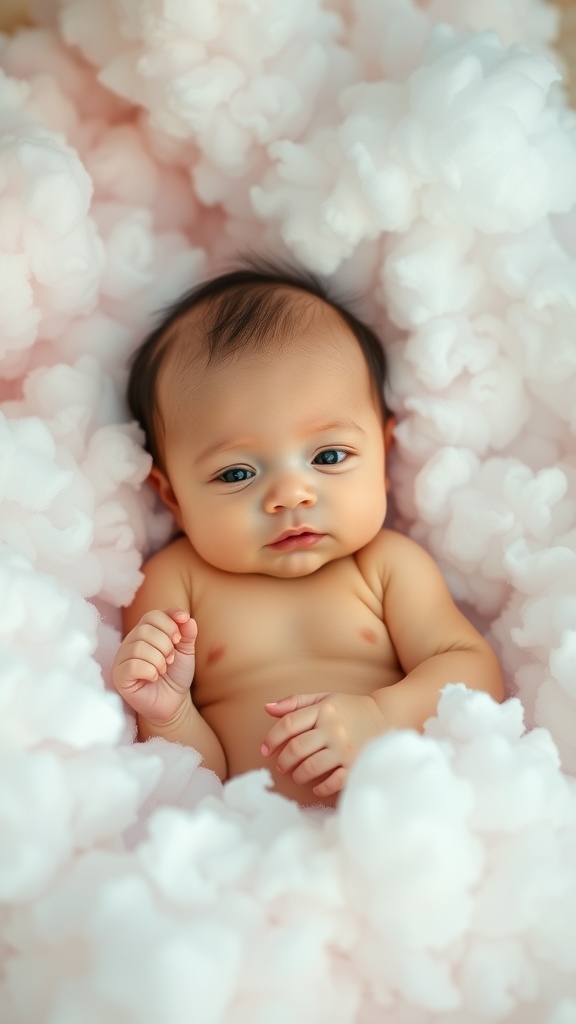 A baby lying on soft, fluffy clouds, exuding a serene and peaceful atmosphere.
