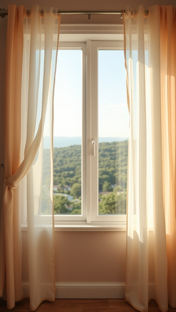 Soft peach sheer curtains framing a window with a view of greenery outside.