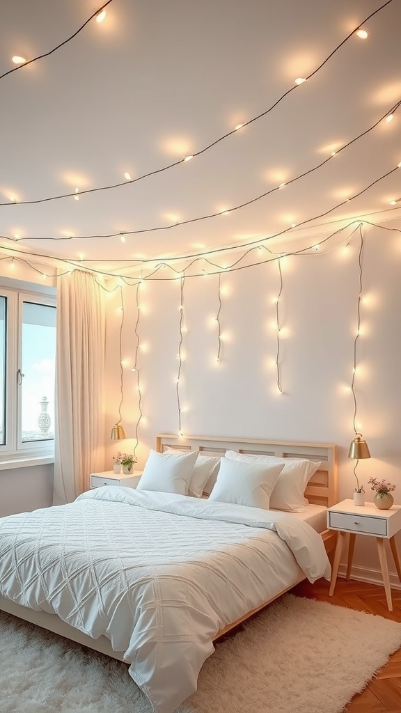 A cozy bedroom with warm fairy lights draped on the walls, featuring a white bed and light wood furniture.
