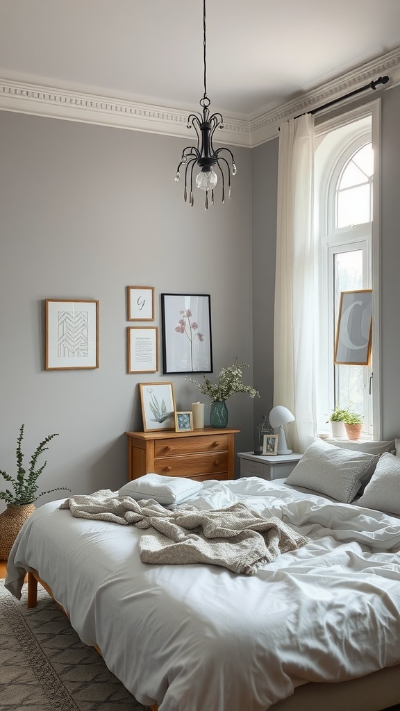 A cozy bedroom featuring gray walls, light bedding, and pastel decor, creating a serene atmosphere.