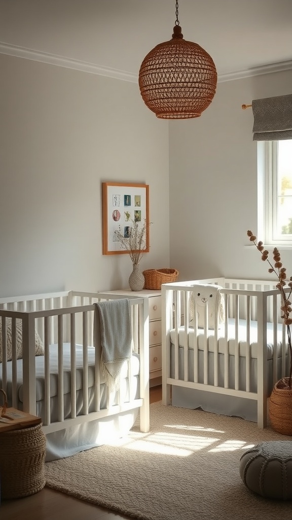 A cozy twin nursery with woven pendant lighting and natural light highlighting two cribs.