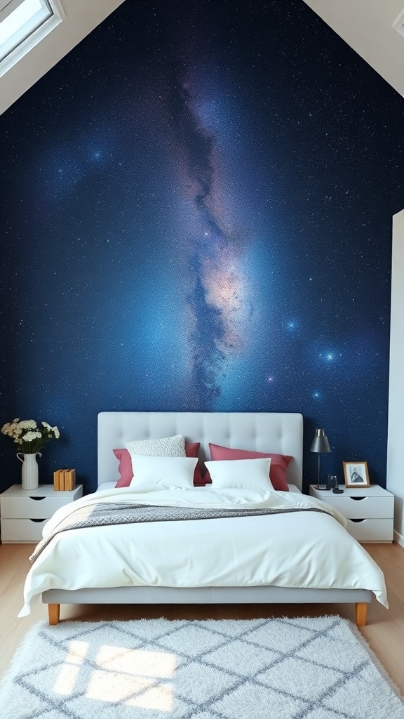 A bedroom with dreamy night sky wallpaper featuring stars and a galaxy, complemented by a cozy bed and natural light.