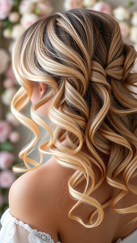 A close-up of styled hair featuring pastel waves and curls, showcasing a blend of light hues.