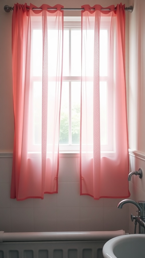 Sheer pink curtains in a bathroom window