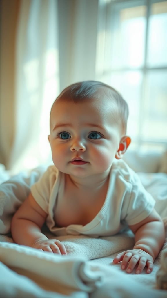 A 5-month-old baby looking curiously at the camera, surrounded by soft fabric and gentle light.