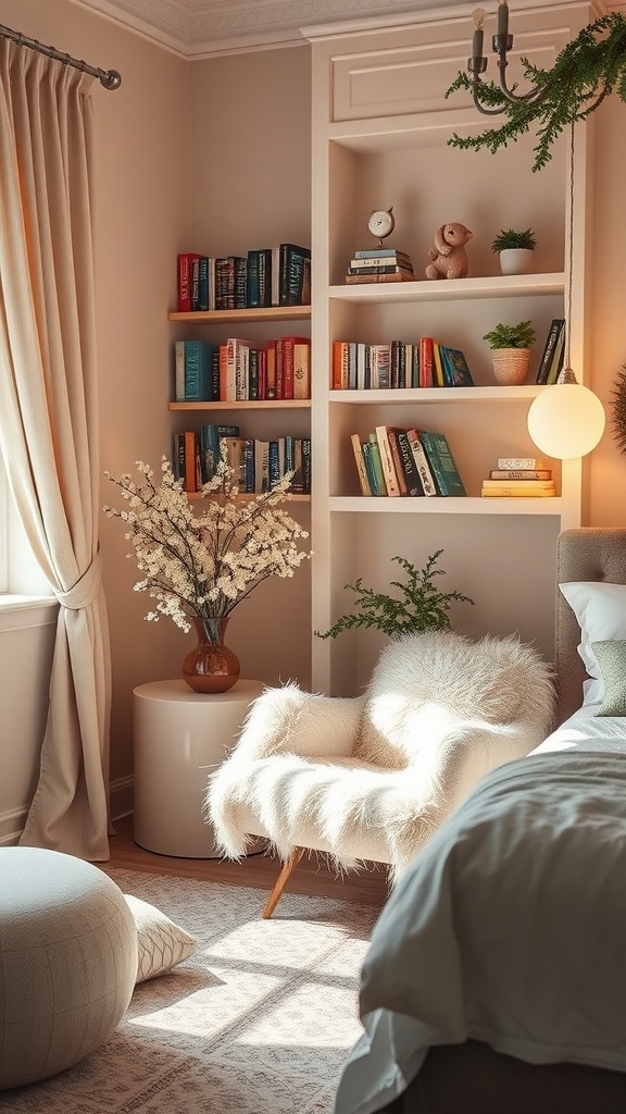 A cozy reading nook featuring a fluffy chair, a bookshelf filled with books, and soft natural light.