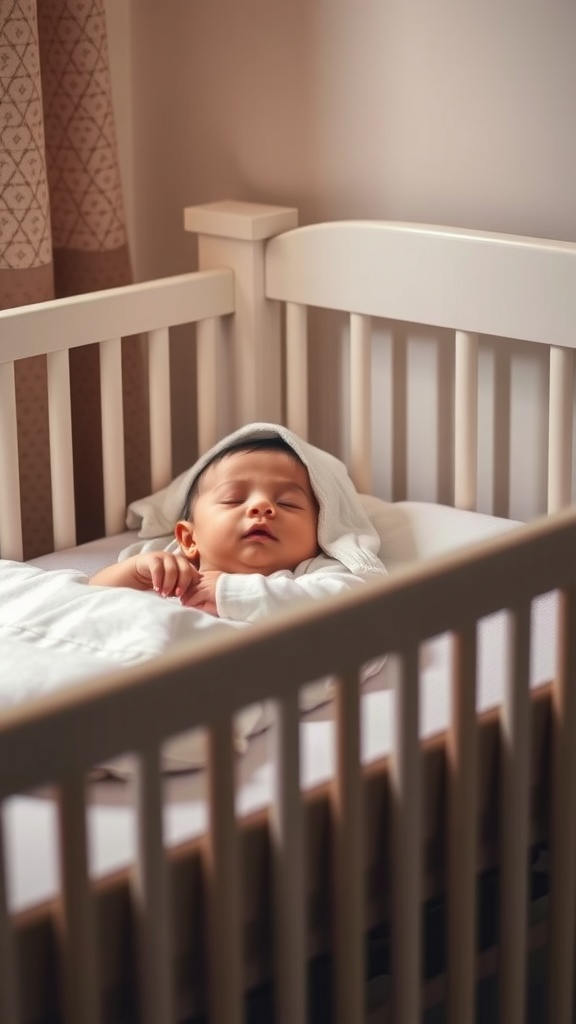 A sleeping baby in a crib, wrapped in a blanket, creating a serene and cozy atmosphere.