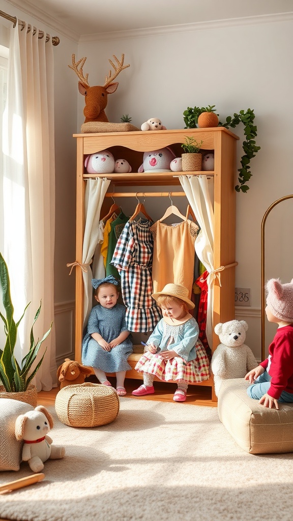 A cozy dress-up corner in a living room with a wooden wardrobe, colorful outfits, and two young girls playing.