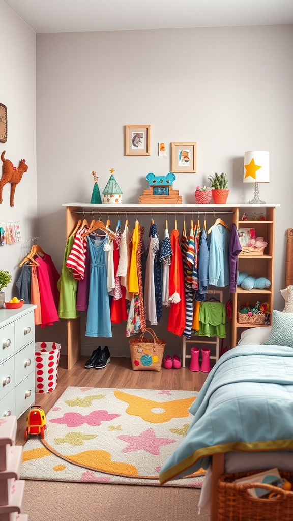 Colorful dress-up station with costumes and accessories in a bright bedroom