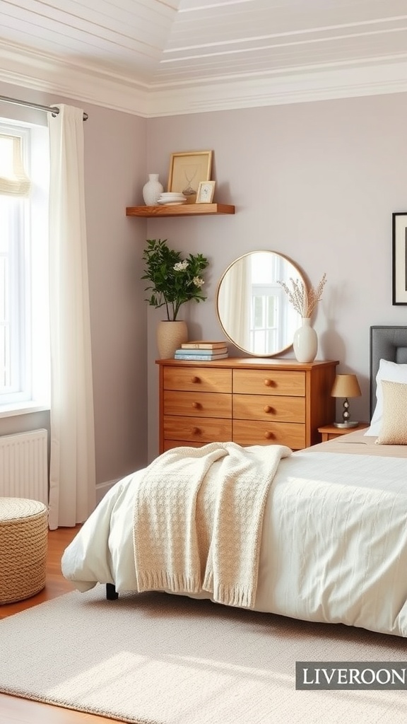 A cozy small bedroom featuring a wooden dresser, a mirror, and soft bedding, with light streaming in from the window.