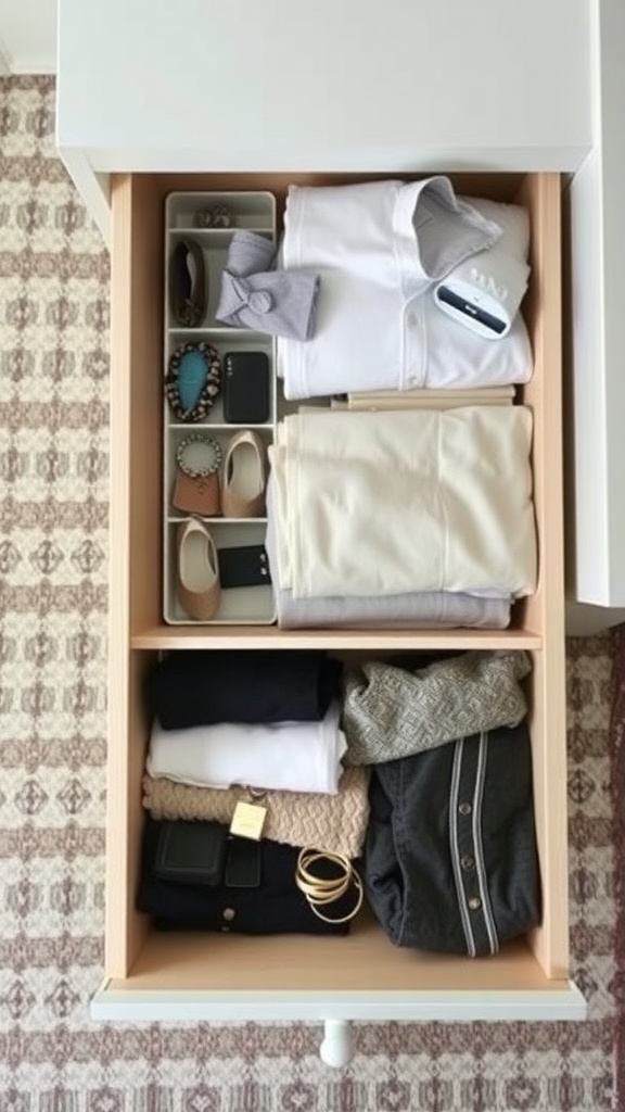 An organized dresser drawer showing neatly folded clothes and accessories in a divided organizer.