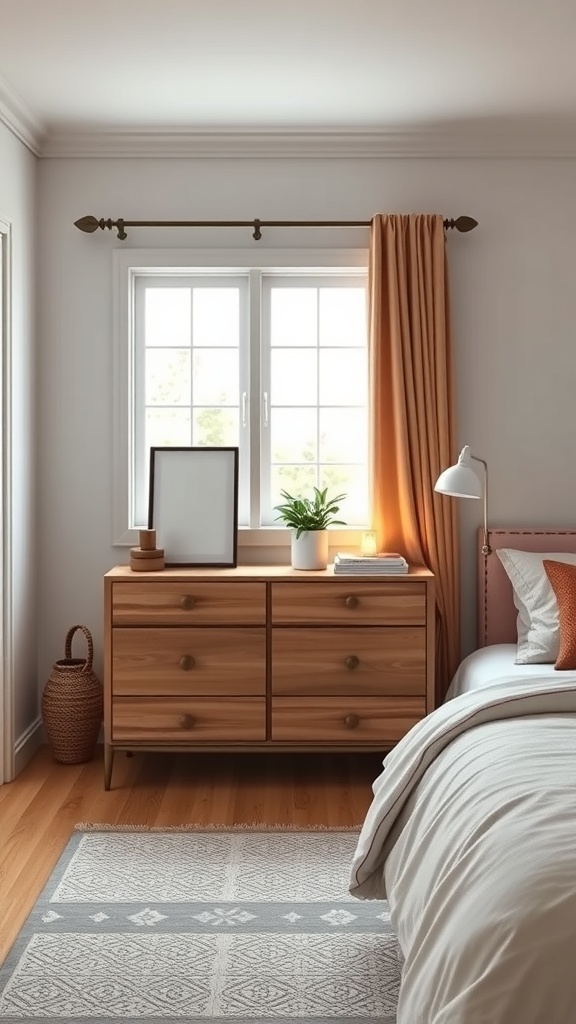 A small bedroom featuring a wooden dresser near a window, with a plant and lamp on top, and a neatly made bed.