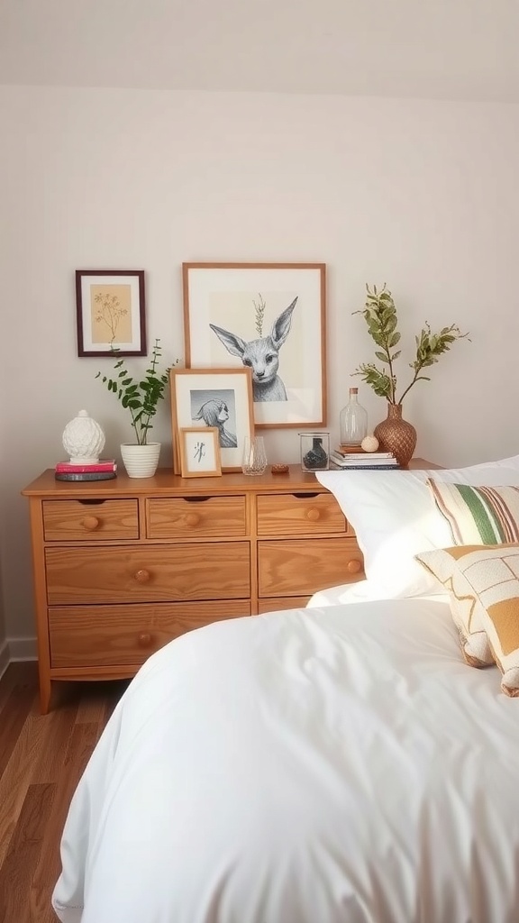 A wooden dresser in a small bedroom, decorated with framed art and plants.