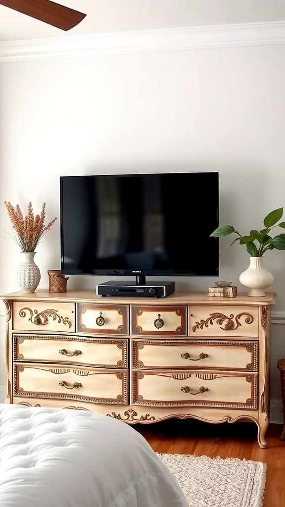 A vintage dresser repurposed as a TV stand, featuring a television on top and decorative items around it.