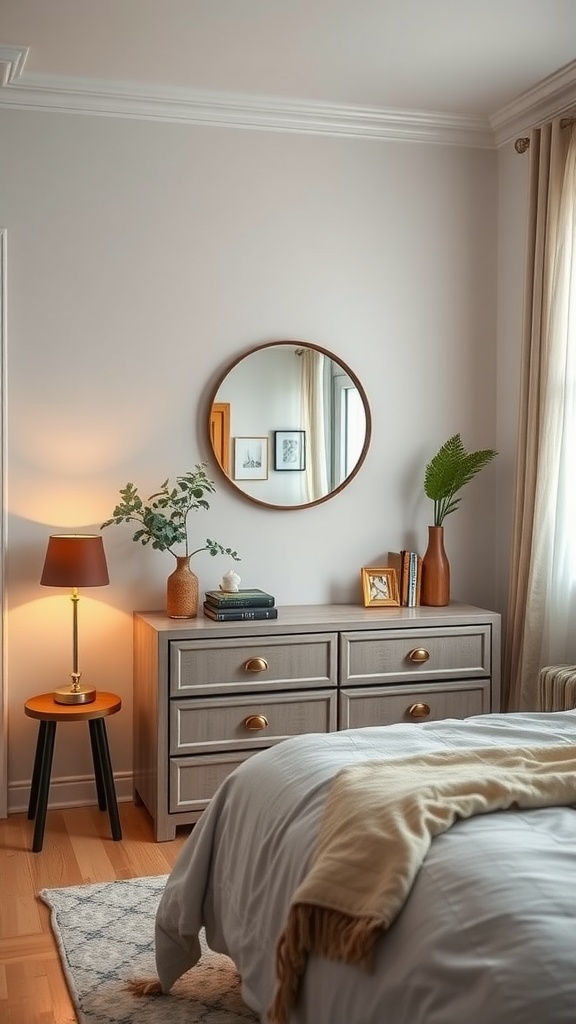 A small bedroom featuring a dresser with built-in lighting, decorated with plants and books.