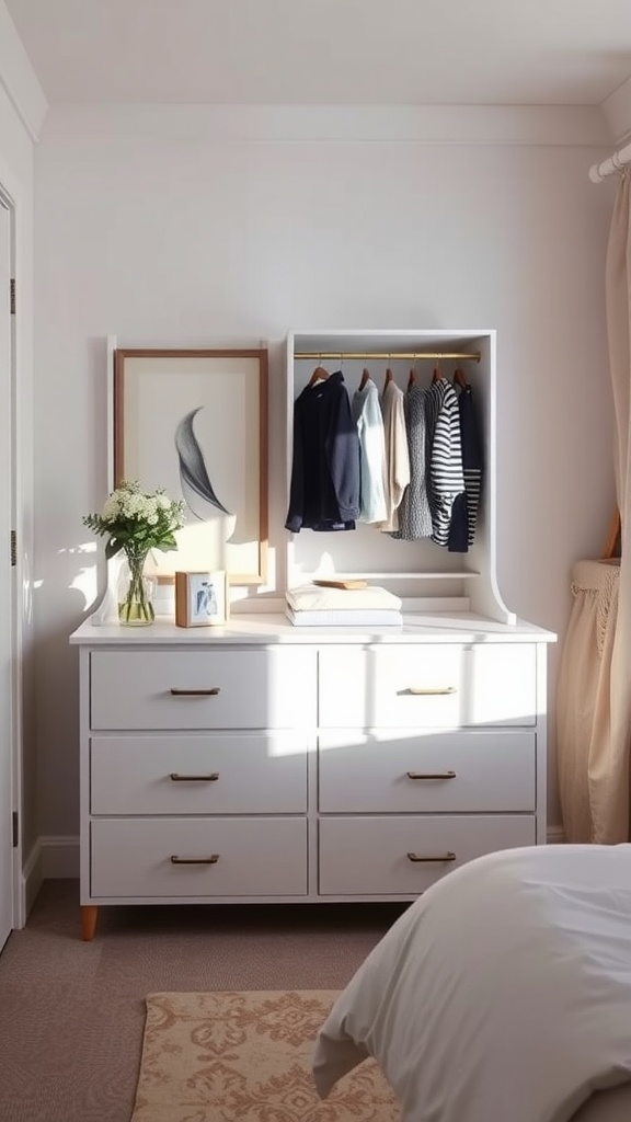 A stylish white dresser with drawers, featuring hanging space for clothes and decorative items on top.