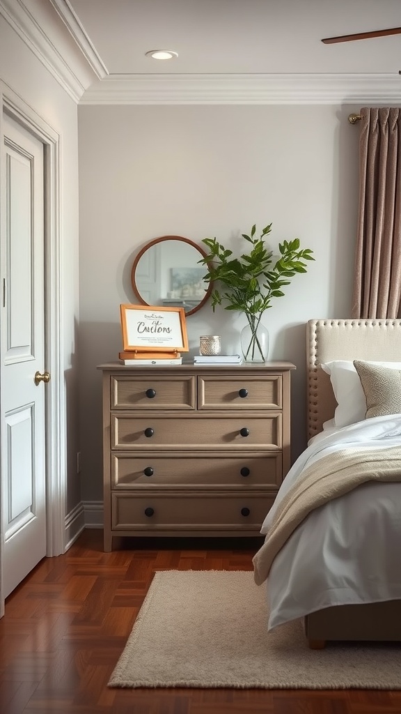 A cozy bedroom with a dresser that has several drawers, a plant, and a mirror on top.