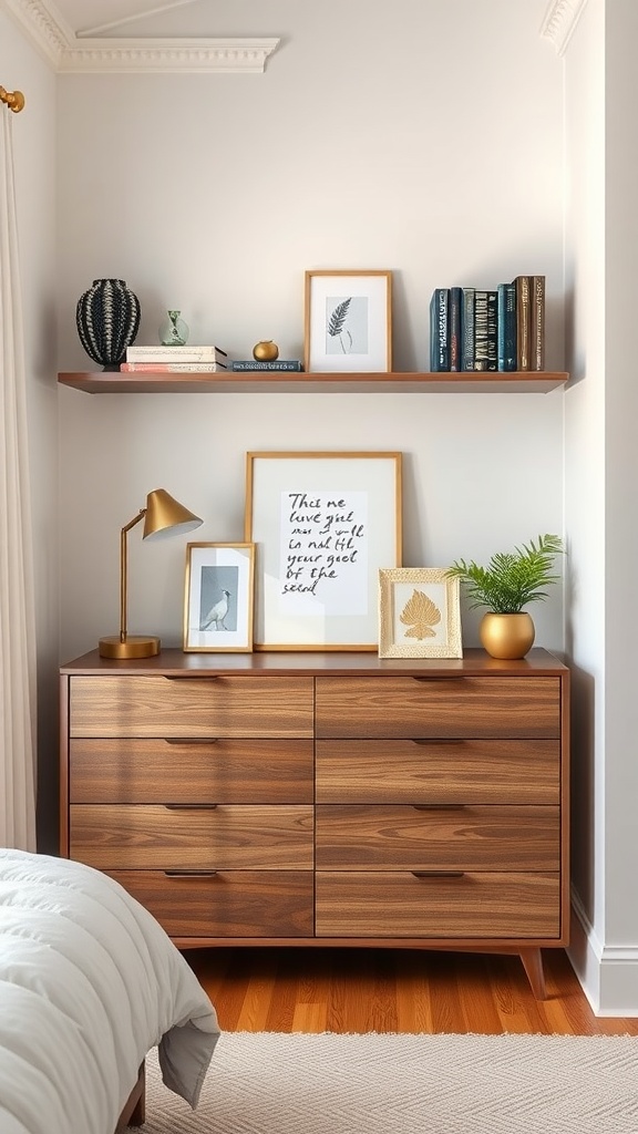 A wooden dresser with open shelving above, featuring books, a decorative vase, and framed art.