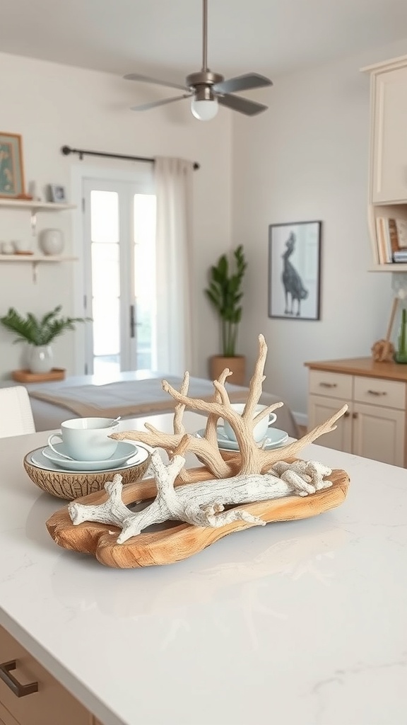 A driftwood and coral arrangement on a kitchen island with dishware.