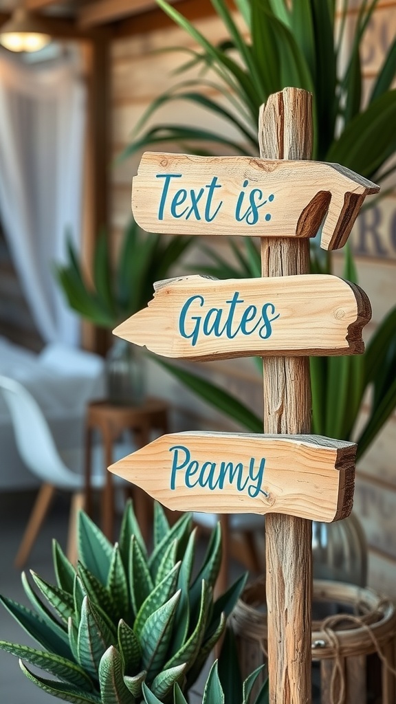 Driftwood signage with arrows indicating directions to Gates and Peamy