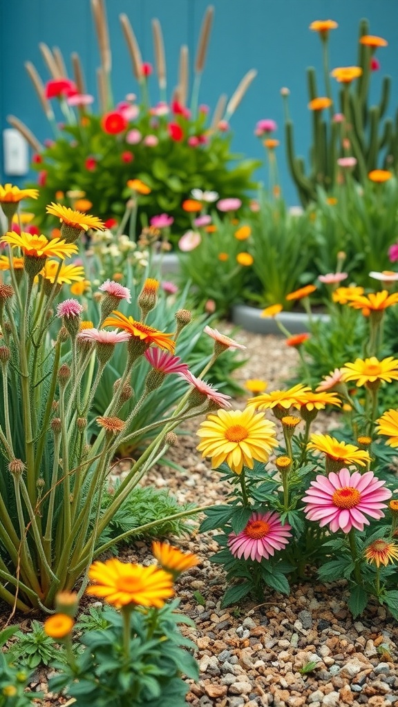 A colorful garden featuring various drought-resistant flowers in a gravel setting.