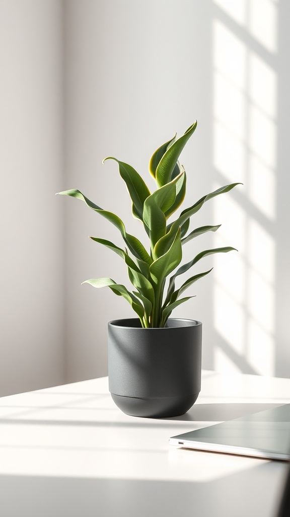 A ZZ plant in a modern pot, with sunlight casting shadows on a table.
