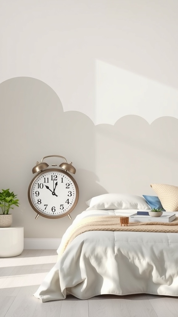 A cozy bedroom with a large clock on the wall, symbolizing the importance of timing in drying and curing paint.