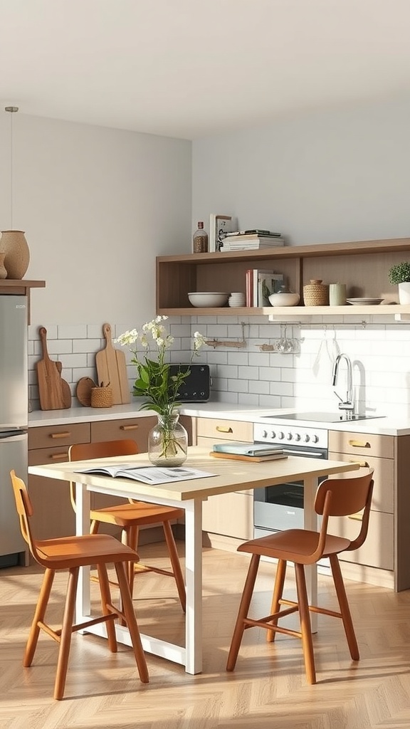 A green kitchen with a wooden table and chairs, showcasing dual-function furniture.