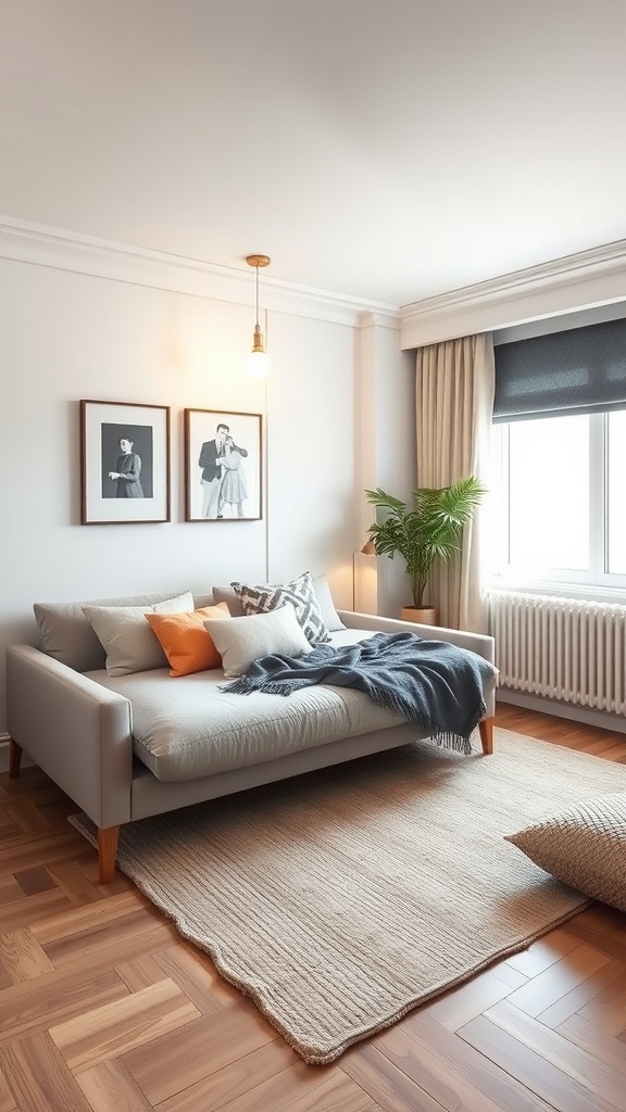 A small bedroom with a dual-purpose sofa, colorful pillows, and a plant, showcasing efficient use of space.