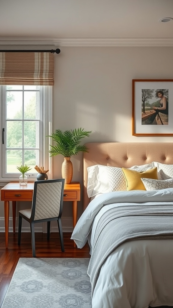 A cozy bedroom featuring a workspace with a desk and chair beside the bed, complemented by plants and warm decor.