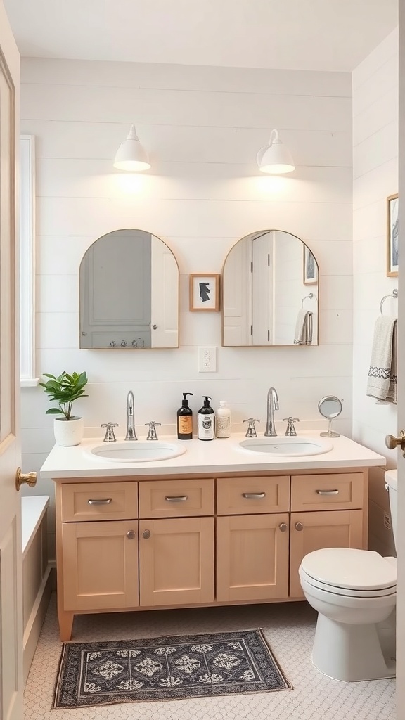 A bright and modern kids' bathroom featuring a dual-sink vanity, two mirrors, and stylish lighting.
