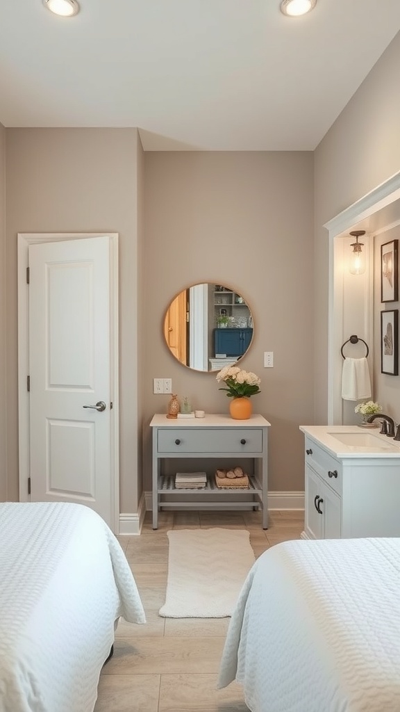 A Jack and Jill bathroom with dual access points, featuring a round mirror and stylish decor.