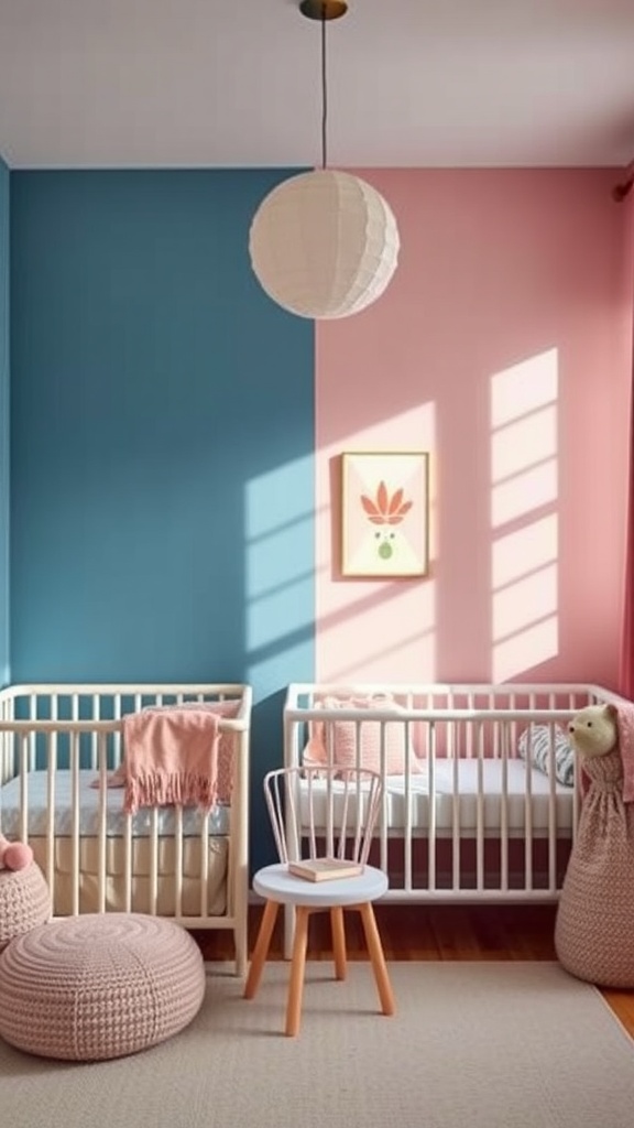 A twin nursery showcasing a dual color scheme with blue and pink walls, two cribs, and cozy decor.