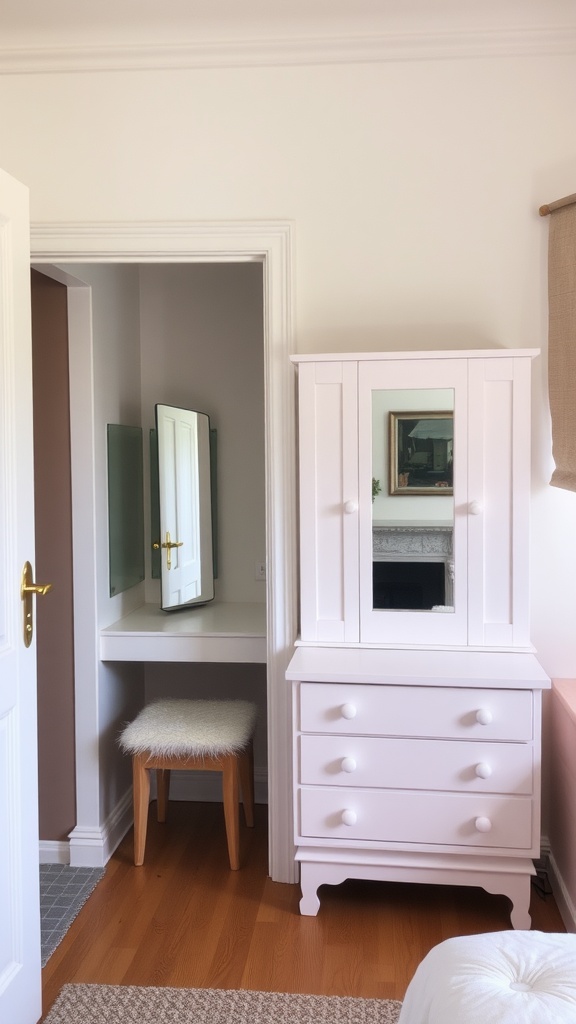 A cozy bedroom with dual dressing areas for two sisters, featuring a vanity and a white dresser.