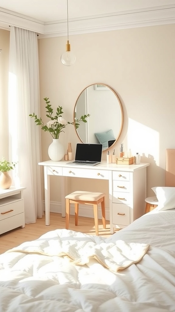 A bright bedroom with a desk and vanity combo, featuring a laptop, mirror, and plants.