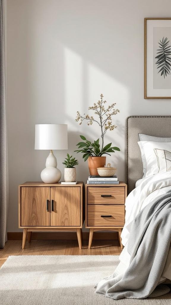 A cozy bedroom featuring two stylish wooden nightstands, one with a cabinet and the other with drawers, adorned with plants and a lamp.
