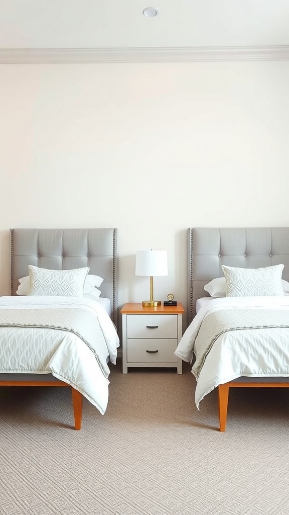 A shared bedroom with two twin beds and dual nightstands in between.