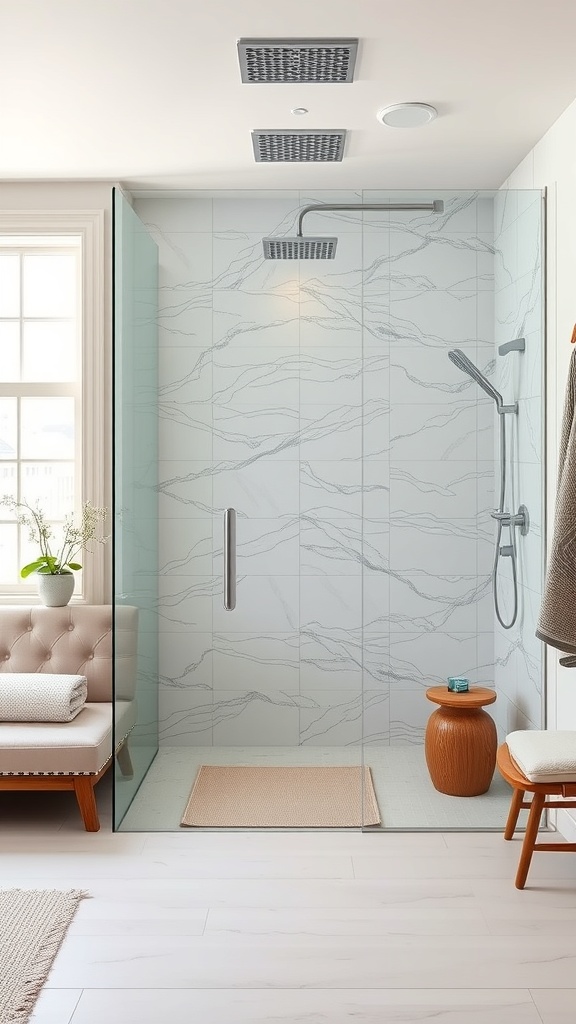 A modern walk-in shower featuring dual showerheads, glass enclosure, and stylish decor.