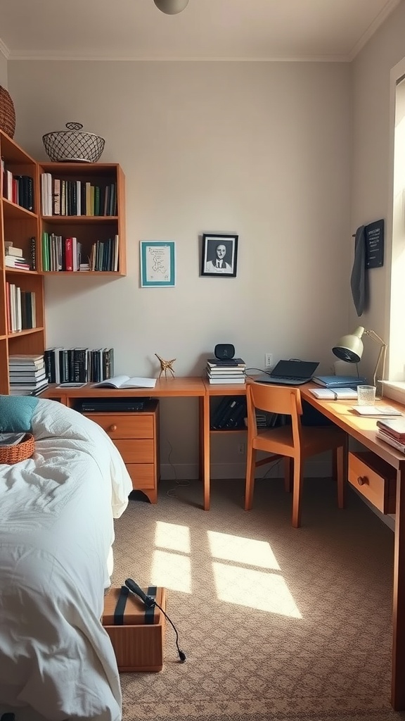 A cozy bedroom featuring two study desks, a comfortable bed, and bookshelves, designed for two sisters to study and relax.