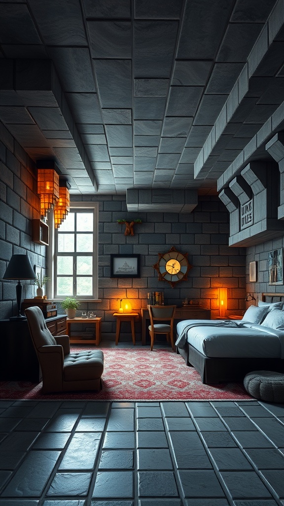 A Minecraft-inspired bedroom with stone walls, warm lighting, and cozy furniture.